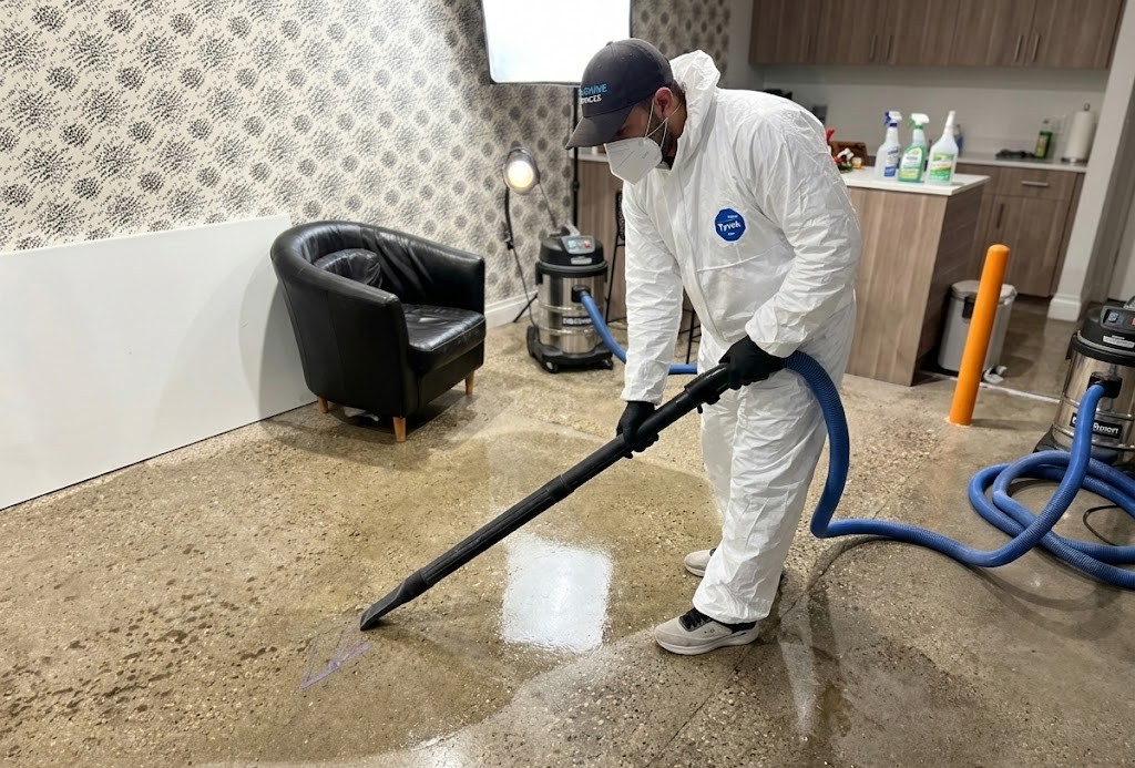 Water damage restoration — technician extracting water from flooded space